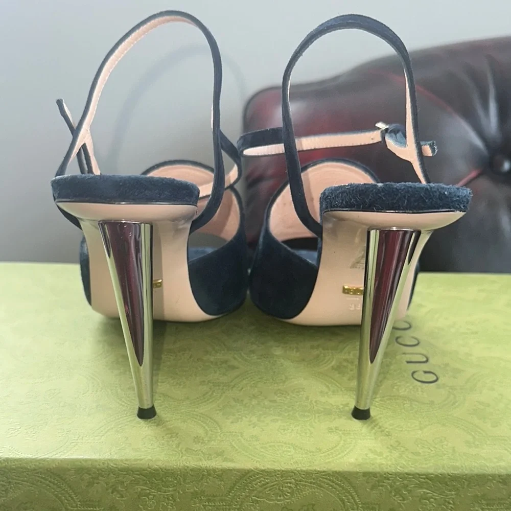GUCCI Blondie Logo Blue Suede Heels - Picture 9 of 11